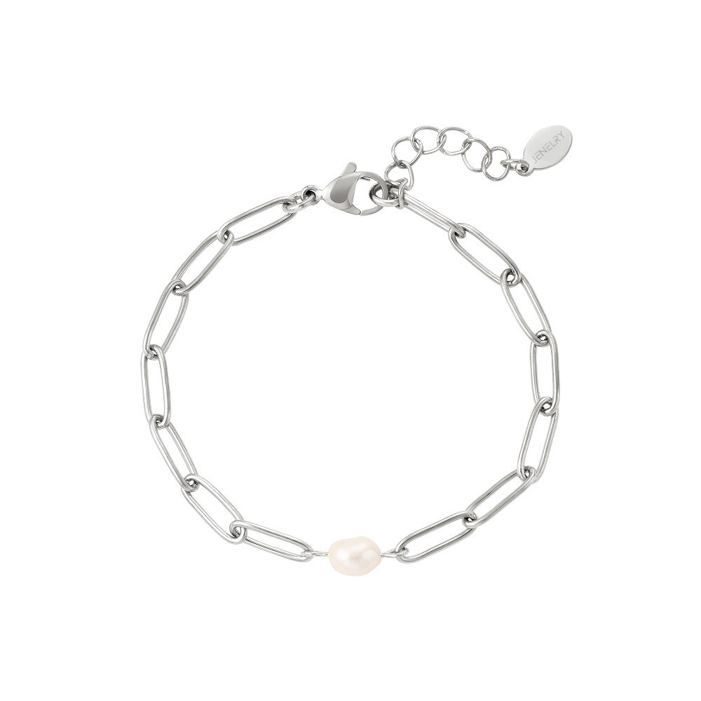 Waterproof schakelarmband met een parel in het midden. De schakels van deze armband zijn ovaal. In het midden van een armband zit een mooie parel verwerkt. De armband is waterproof, nikkelvrij en gemaakt van stainless steel. De armband verkleurt niet als hij in aanraking komt met water. De armband is verkrijgbaar in het goud en in het zilver en is te bestellen op www.jenelry.com