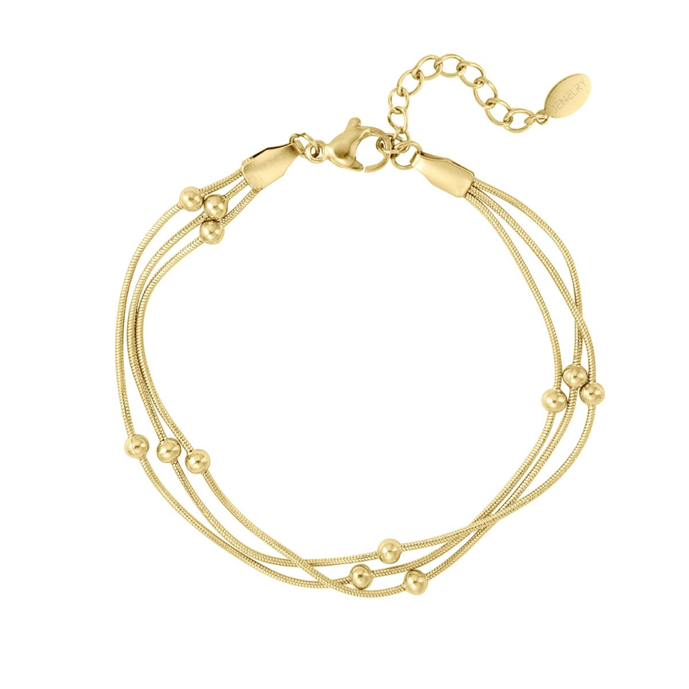 Waterproof armband goud, deze armband bestaat uit drie kettinkjes met kleine bolletjes. De armband is gemaakt van stainless steel, hierdoor is de armband nikkelvrij en hypoallergeen. Het armbandje is verkrijgbaar in het goud en in het zilver. Bestel de armband nu op www.jenelry.com