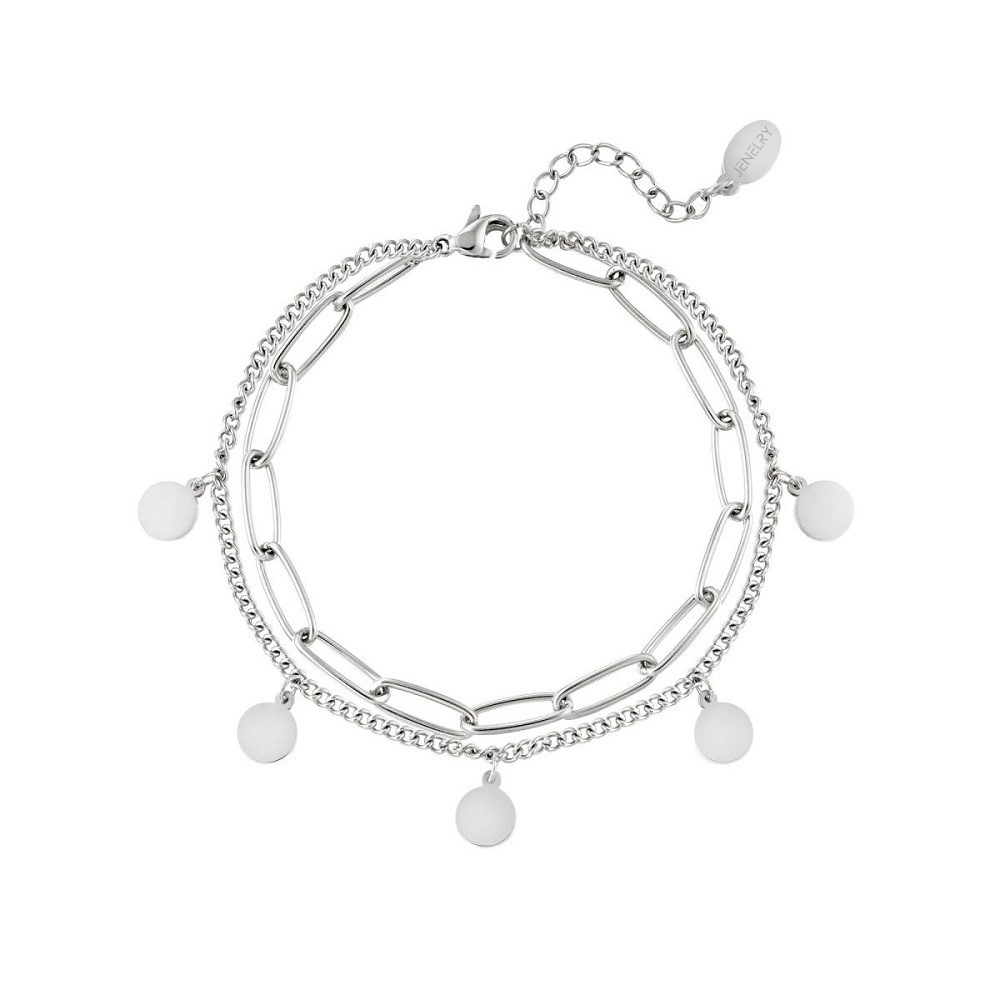 Armband Floating Coins in het zilver, deze armband is waterproof en gemaakt van stainless steel, hierdoor verkleurt de armband niet als hij in aanraking komt met water. De armband bestaat uit twee delen en heeft muntjes als bedels. De armband is te bestellen op www.jenelry.com