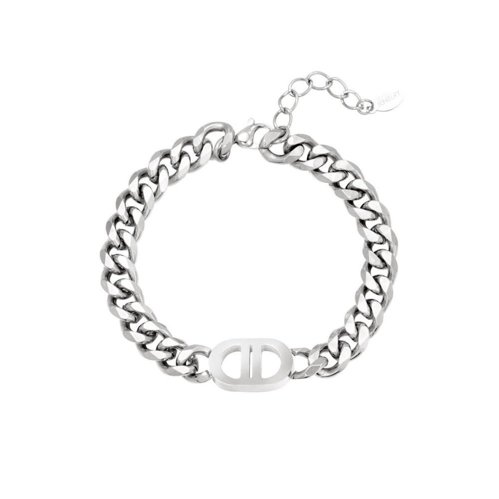 Met deze opvallende schakelarmband maak je je outfit helemaal af! De armband heeft een vrij grove schakel en een logo in het midden. De armband is gemaakt van stainless steel, hierdoor is hij waterproof, nikkelvrij en hypoallergeen. De armband is verkrijgbaar in het goud en in het zilver. Shop de armband nu op www.jenelry.com