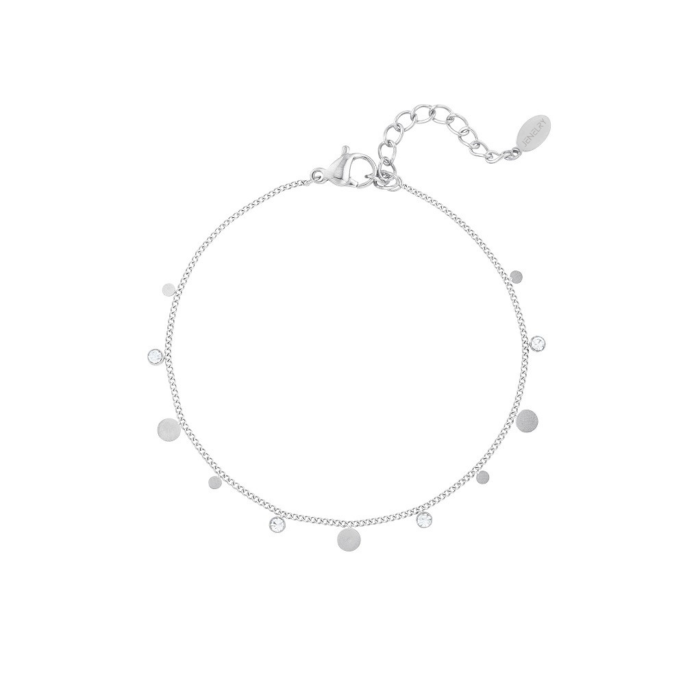 Waterproof Armband Twinkle Dot Zilver, dit subtiele armbandje heeft kleine ronde bedels in verschillende formaten. Naast de ronde bedels heeft dit armbandje ook bedels met strass steentjes. Dit armbandje is erg fijn, rustig en subtiel. Het armbandje is gemaakt van stainless steel en verkleurt niet. De armband is te bestellen op www.jenelry.com