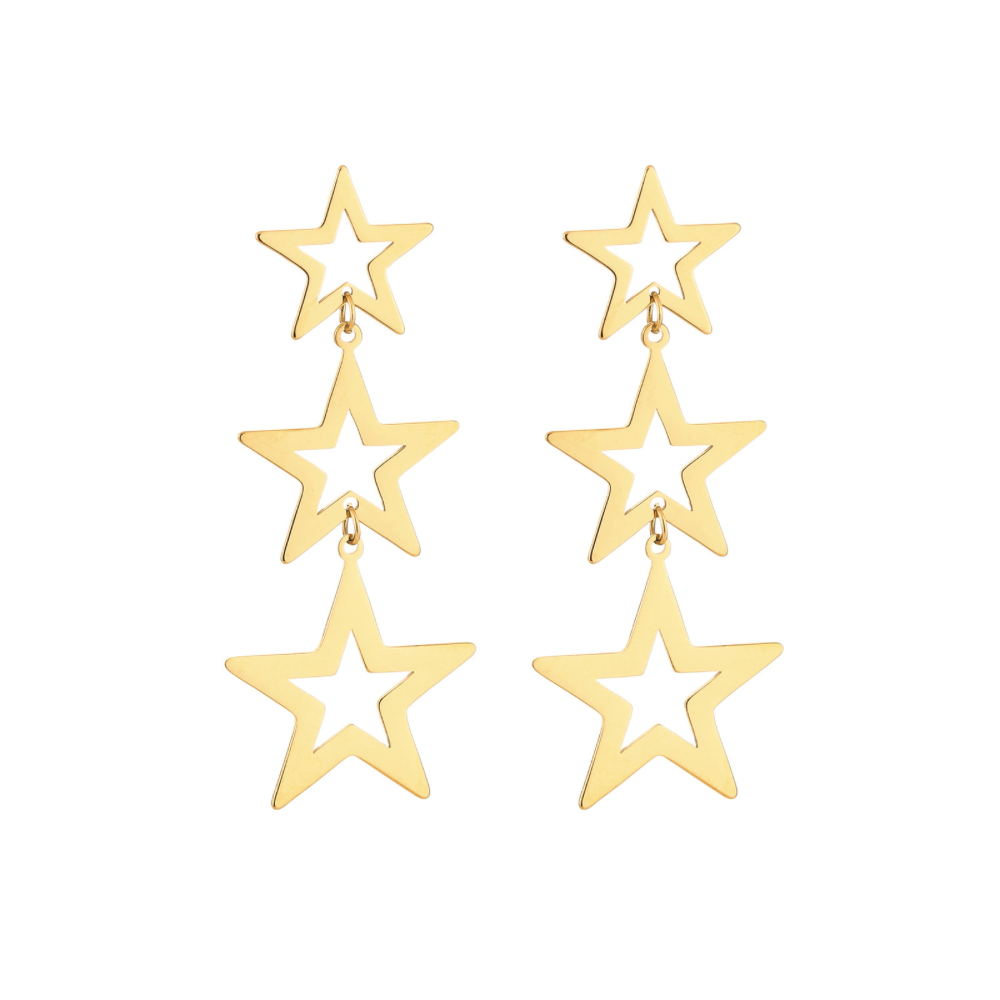 Oorbellen Starry Night Goud bestaat uit drie sterren van verschillende grootte. De oorbellen maken je feestelijke outfit helemaal af! Oorbellen Starry Night zijn gemaakt van stainless steel, hierdoor zijn de oorbellen waterproof, nikkelvrij en hypoallergeen. De oorbellen zijn verkrijgbaar in het goud en in het zilver. Shop de oorbellen nu op www.jenelry.com