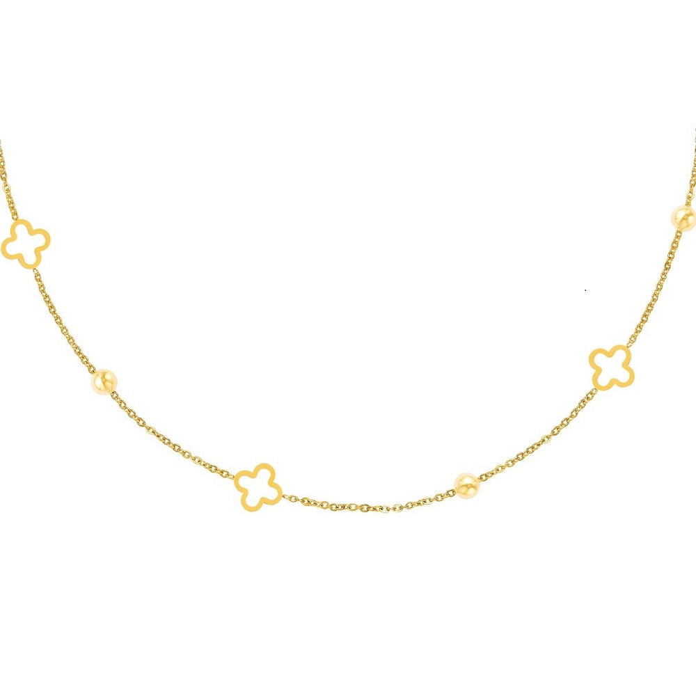 Ketting Clover Goud, goudkleurig subtiel kettinkje met klavertjes en bolletjes. De ketting is gemaakt van stainless steel met een coating van 18 karaats goud. De ketting is waterproof, nikkelvrij en hypoallergeen. Ketting Clover verkleurt niet als hij in aanraking komt met water. De ketting is te bestellen op www.jenelry.com