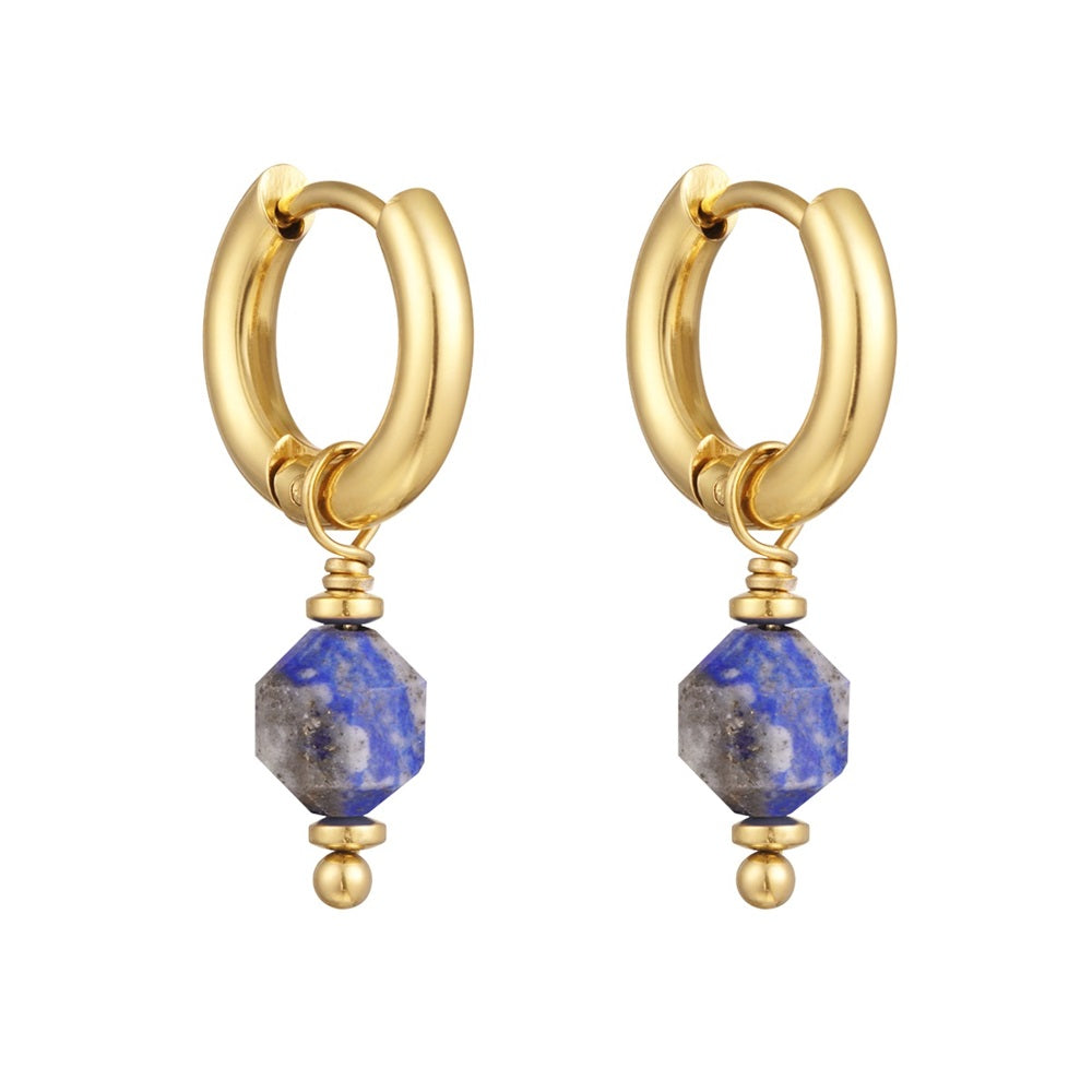 Oorbellen Eden Blue bestaan uit een oorringetje met een gekleurde donkerblauwe steen als bedel. De oorbellen zijn gemaakt van stainless steel, hierdoor zijn ze waterproof en nikkelvrij. De oorbellen verkleuren niet en blijven mooi. Bestel de oorbellen Eden Blue nu op www.jenelry.com