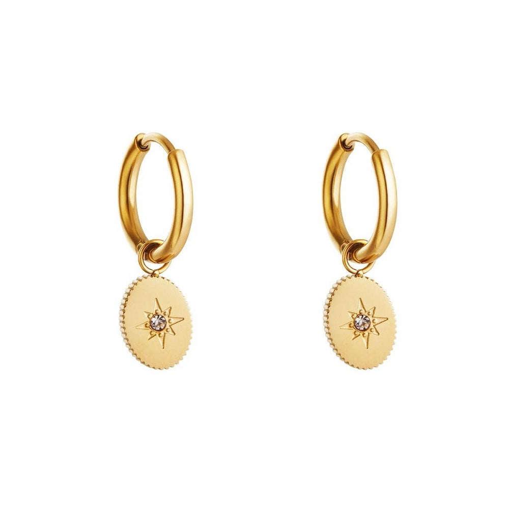 Dit zijn de oorbellen Falling Star in het goud. De oorbellen zijn gemaakt van stainless steel, hierdoor zijn ze waterproof, nikkelvrij en hypoallergeen. De oorbellen hebben een bedel, in de bedel is een sterretje gegraveerd. De oorbellen verkleuren niet als ze in aanraking komen met water. Bestel ze nu op www.jenelry.com
