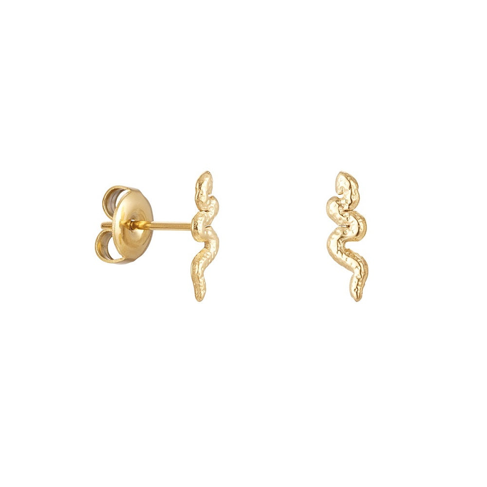 Oorknopjes Snake Goud, stainless steel oorknopjes in de vorm van een slang. De oorbellen of studs zijn stainless steel, nikkelvrij en hypoallergeen. De oorknopjes verkleuren niet als ze in aanraking komen met water. De studs zijn verkrijgbaar in het goud en in het zilver. De slang oorknopjes zijn te bestellen op www.jenelry.com