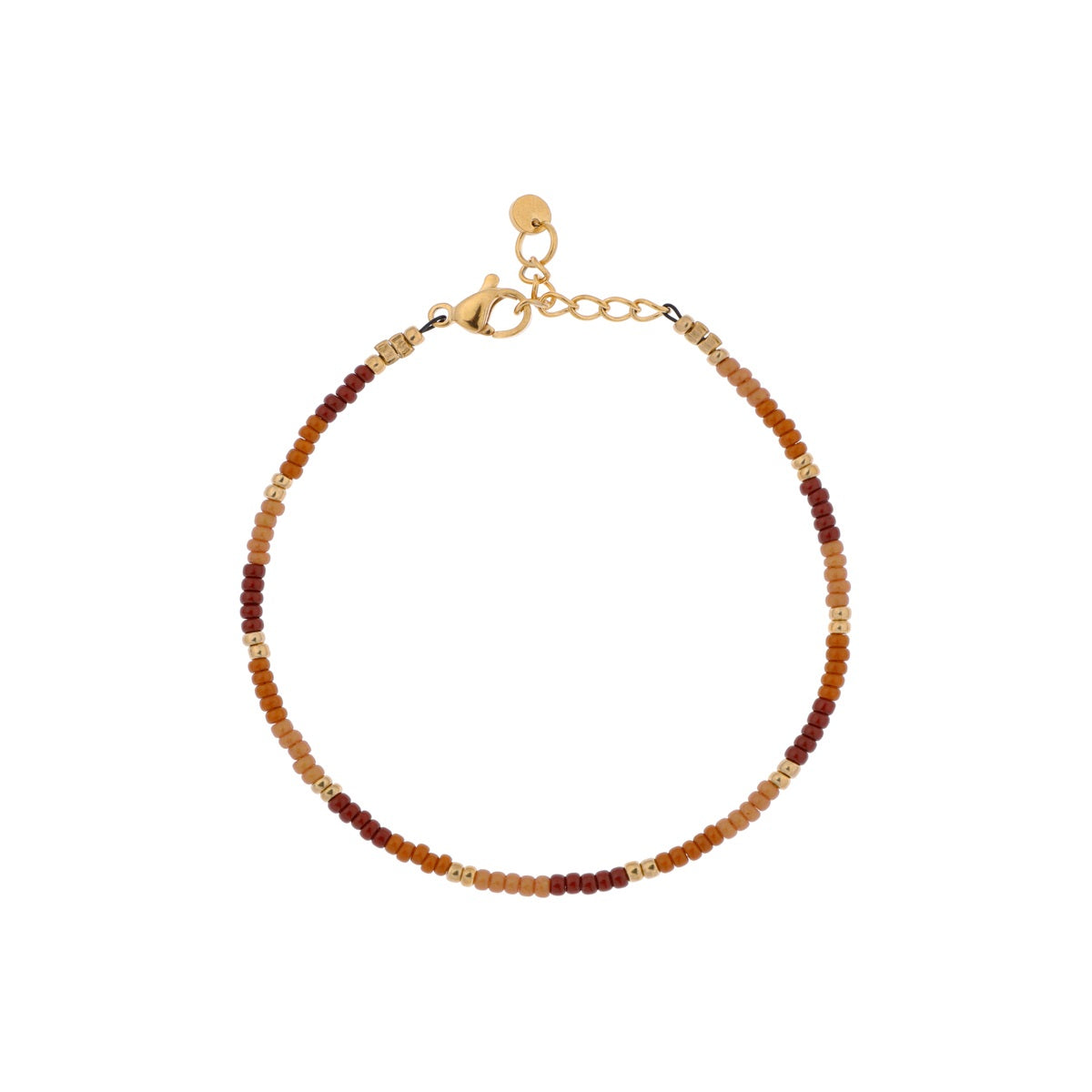 Armband Pumpkin Spice Goud, is een armband gemaakt van de hoogste kwaliteit Miyuki Rocailles glaskralen. De armband heeft verschillende tinten bruin met goudkleurige details. De sluiting van de armband is gemaakt van stainless steel, de armband is te bestellen op www.jenelry.com