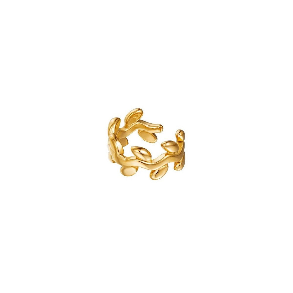 Ear Cuff Leaves Goud, deze ear cuff heeft een blaadjes patroon en is gemaakt van stainless steel. De Ear Cuff is waterproof en verkleurt niet. De ear cuff is te bestellen op www.jenelry.com