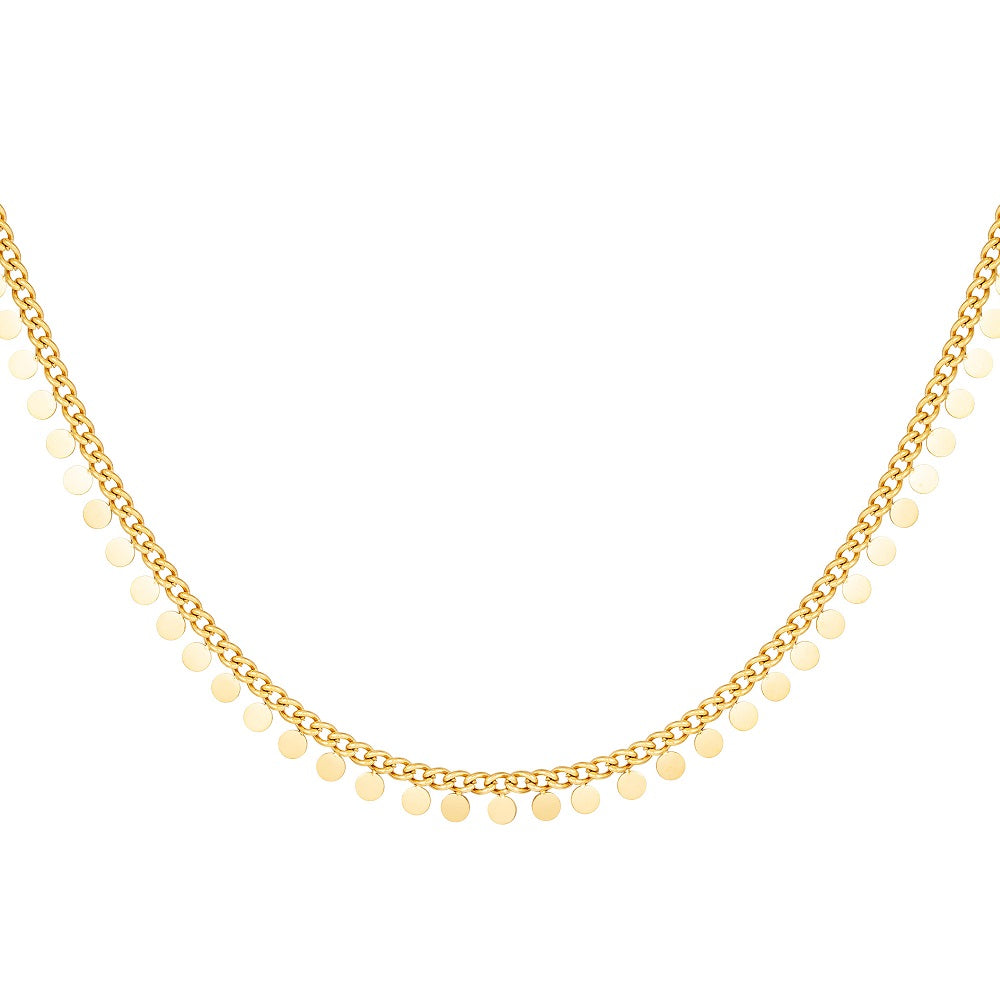 Waterproof Ketting Dazzling Coins Goud, de ketting is gemaakt van stainless steel en de ketting verkleurt niet als de ketting in aanraking komt met water. De ketting heeft een fijne schakel met heel veel kleine muntjes. De ketting is verkrijgbaar in het goud en in het zilver. Bestel hem nu op www.jenelry.com