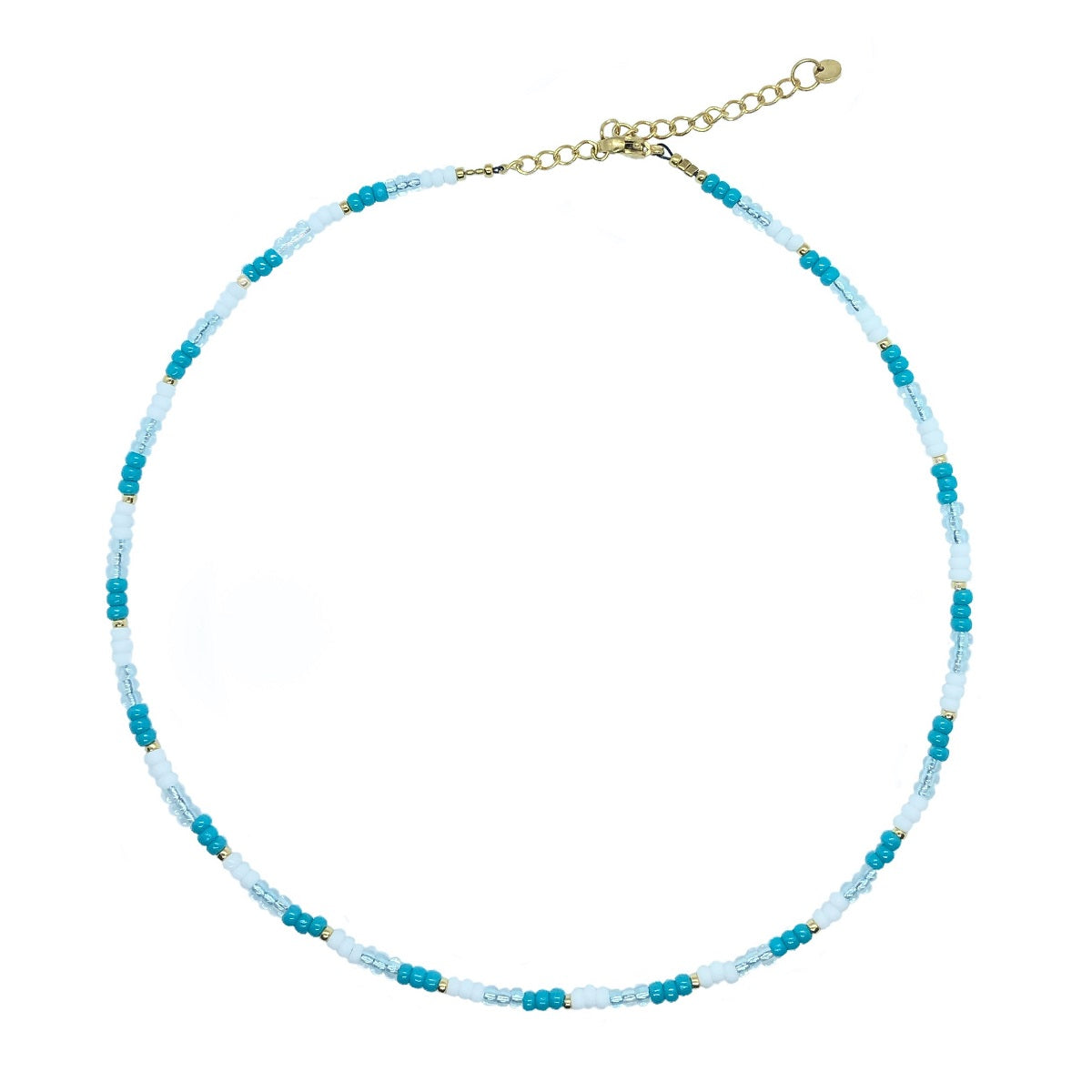 Waterproof ketting Vitamin Sea. Ketting van de hoogste kwaliteit glaskralen, met een stainless steel sluiting. Blauw met goud.
