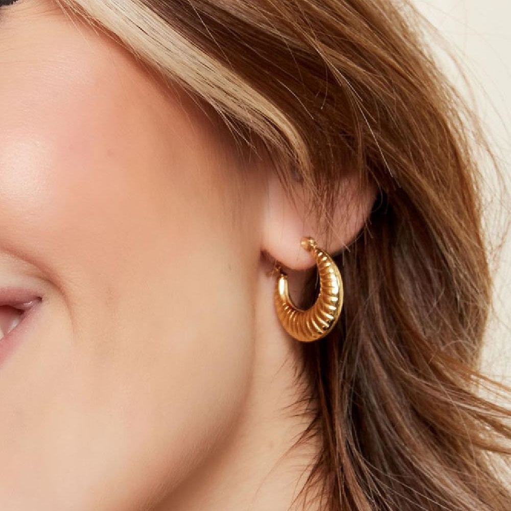 Oorbellen Groove Goud van Jenelry, deze oorbellen hebben fijne ingegraveerde lijntjes. De oorbellen zijn waterproof, stainless steel en nikkelvrij. De oorbellen verkleuren niet en blijven mooi, je kunt ze gerust dragen tijdens het douchen en of zwemmen. De oorbellen zijn te bestellen op www.jenelry.com