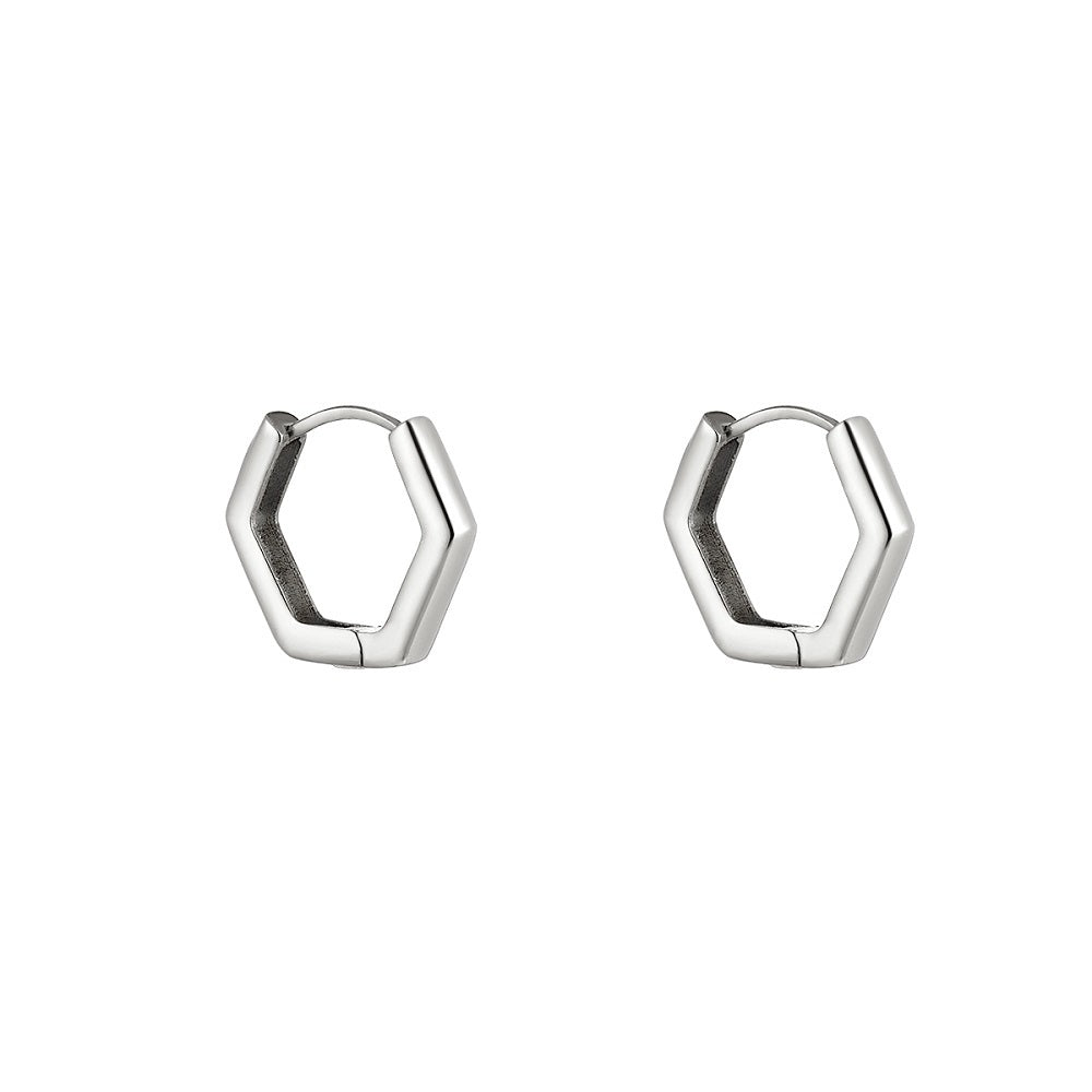 Waterproof oorbellen zilver, zilveren oorbellen die niet verkleuren. Oorbellen in de vorm van een zeshoek. Zilveren oorbellen die niet verkleuren. De oorbellen zijn waterproof en zijn gemaakt van stainless steel, hierdoor zijn de oorbellen nikkelvrij en hypoallergeen. Te bestellen op www.jenelry.com