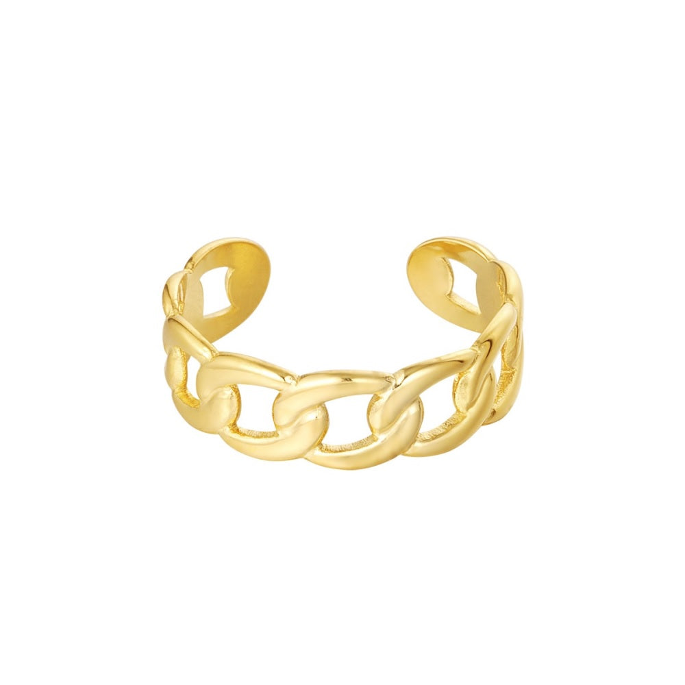 Grove ring goud met schakels, de ring is waterproof en nikkelvrij. De ring is gemaakt van stainless steel, hierdoor verkleurt hij niet en blijft hij mooi. Bestel de ring nu op www.jenelry.com