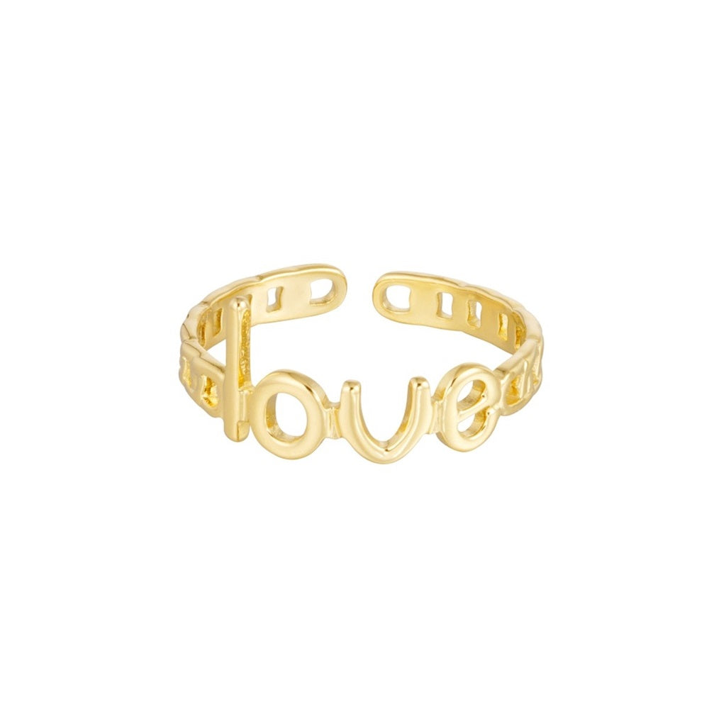 Ring Love Letters Goud, deze stainless steel ring is waterproof en nikkelvrij. De ring is subtiel en is verkrijgbaar in het goud en zilver. De ring is te bestellen op www.jenelry.com