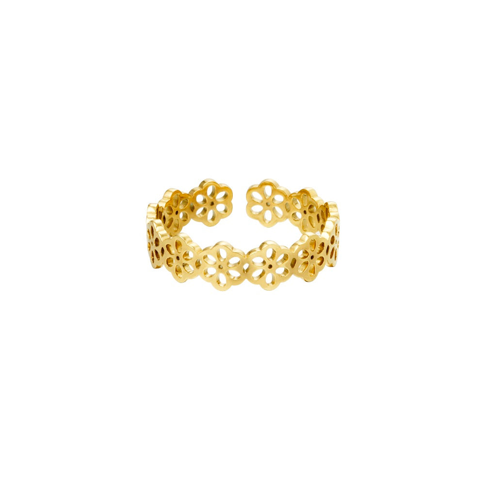 Waterproof ring Flower Field Goud, een gouden ring die niet verkleurt. De ring is gemaakt van stainless steel en blijft mooi.
