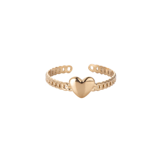 Waterproof ring met hartje in het goud. De Ring Love Goud is waterproof, de ring verkleurt niet. De ring is waterproof en gemaakt van Stainless Steel. De ring blijft mooi en verkleurt niet. De ring is verstelbaar en past daardoor altijd. Neem nu een kijkje op www.jenelry.com